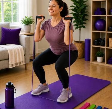 Beginner performing a resistance band squat in a home workout space
