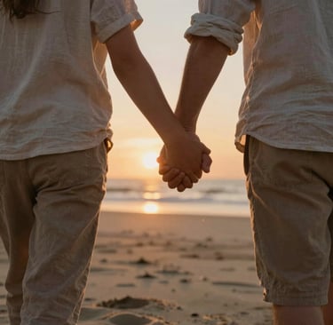 Close-up of a family holding hands while walking on a soft sand beach during a warm North American sunset. Cinematic lighting, capturing the authentic texture of casual linen clothing and gentle movement against a golden horizon.