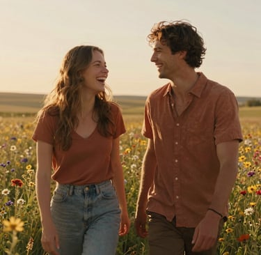 A cinematic lifestyle shot of a young couple laughing together in a sun-drenched wildflower meadow in the North American countryside. The lighting is golden hour, with warm terracotta tones and a soft sand-colored glow. High-quality photography capturing authentic emotions with a shallow depth of field.