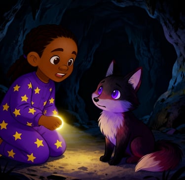 Xyla in a cave with a scared little fox