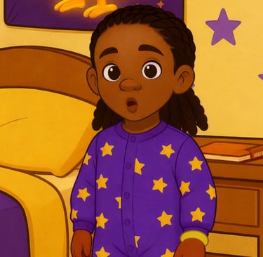 Xyla in her pajamas standing in her bedroom