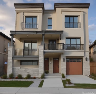 A cozy two-story house with a bright red door and a small front garden.