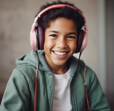 A smiling child wearing headphones, peacefully listening to an audio session in a cozy room.