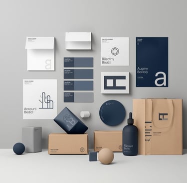 Mockup de identidad de marca con papelería, empaques y tarjetas en azul marino y beige.