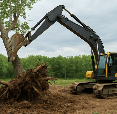 Excavator using the weight of a standing tree to pull its stump and roots from the ground