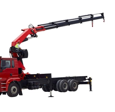 A 20 Ton Knuckle Loader Crane lifting a large truck on a white background.