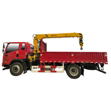 Red truck equipped with 5 ton telescopic crane and 4 section arms.