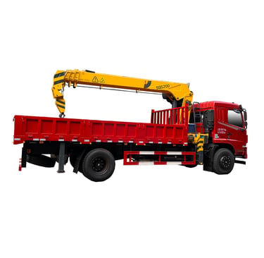 This image showcases a red truck with a crane on top. The crane is a powerful 8 ton Telescopic Boom Truck Mounted Crane with 