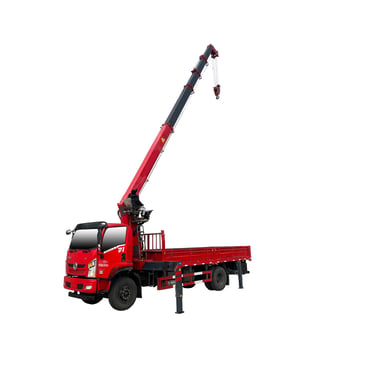 White background showcasing a red truck suspended by an 8 ton Telescopic Boom Truck Mounted Crane featuring 5 section arms.
