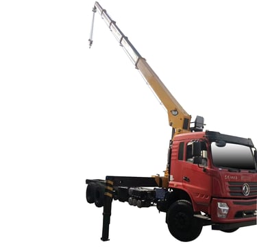 Image of a truck being lifted by a 12-ton Telescopic Boom Truck Mounted Crane with 5 section arms