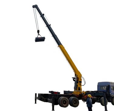 A man standing next to a 10 ton Telescopic Boom Truck Mounted Crane lifting a large object with 5 section arms.