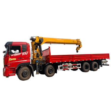 a crane truck is displayed featuring a 14-ton telescopic boom, 5 section arms, and a U-style boom.