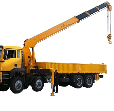 A crane hoists a 16-ton truck using a telescopic boom truck mounted crane with 5 section arms on a white background.