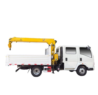  A white truck featuring a 2.1 ton telescopic crane mounted on top for heavy lifting purposes.