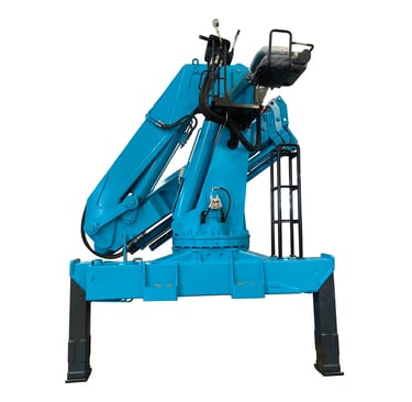 A blue hydraulic crane on a white background. 8 Ton Knuckle lorry mounted crane, designed with the latest analysis and techno