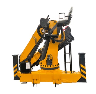 A reliable 10 Ton Knuckle truck mounted crane in yellow and black on a white background.