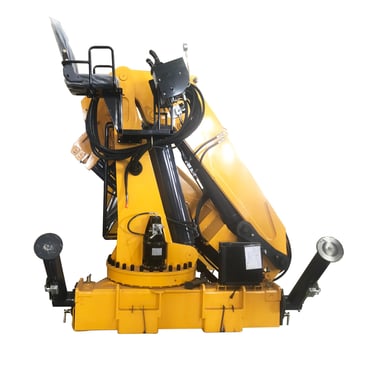 Yellow hydraulic machine on white background, 10 Ton Knuckle Crane For Truck, SQZ200A-4, 10,000 kg lift capacity, 11.3-meter 