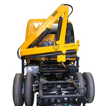 Yellow truck with 2 Ton Knuckle Boom Crane attached, capable of lifting 2,000 kg with a 5.1-meter reach.