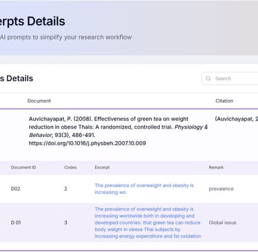 Screenshot of a research tool interface showing document excerpts and citations for a green tea study.