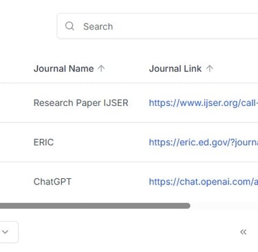 A dashboard showing journal entries with a research paper list, search bar, and add new button.