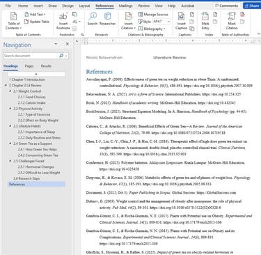 A Microsoft Word document showing a references list and navigation pane for an academic literature review.