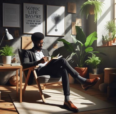 a man sitting in a chair reading a book