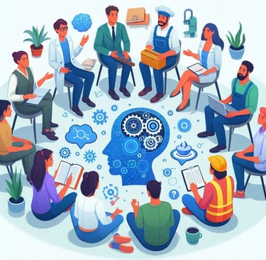 a group of people sitting around a table with a person in a circle