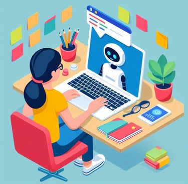 a woman sitting at a desk with a robot
