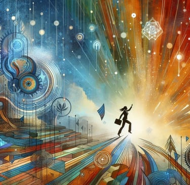 a woman is walking on a colorful painting