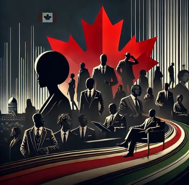 a group of people standing around a table with a canadian flag