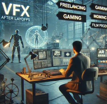 a man sitting at a desk with a computer monitor and a robot