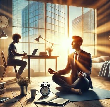 a man sitting on a yoga mat with a laptop and a clock