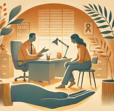 a man and woman sitting at a desk with a hand holding a tablet