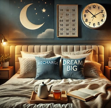 a bed with a tray of coffee and a tray of books