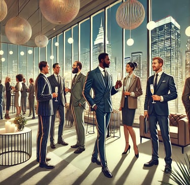 a group of business people standing in a large room