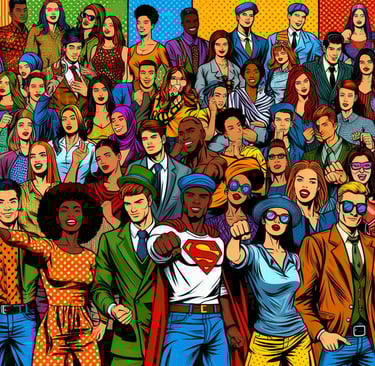 a crowd of people with different expressions on a colorful background