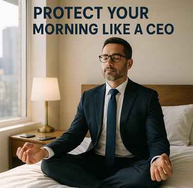 a man in a suit and tie sitting on a bed
