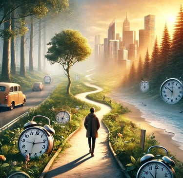 a man walking down a path with clocks and clocks