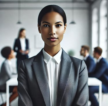 a woman in a suit and tie is standing in front of a group of people