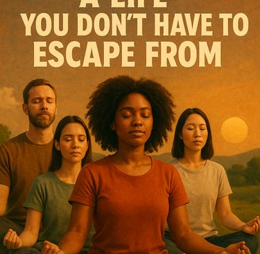 a woman sitting in a field with a man and a woman in a red shirt