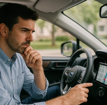 a man in a blue shirt is sitting in a car