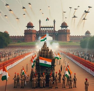a military parade of military personnels and a parade float