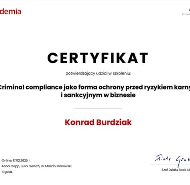 Certyfikat potwierdzający kompetencje adwokata zajmującego się sprawami karnymi w Szczecinie.