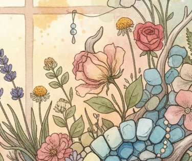 Fleurs, tesselles de mosaïque, bois flooté