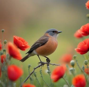 Rouge-gorge entouré de coquelicots