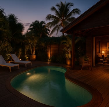 Éco-lodge de luxe dans les Caraïbes avec piscine à débordement, vue mer, plage de sable blanc et jardin tropical – concept hô