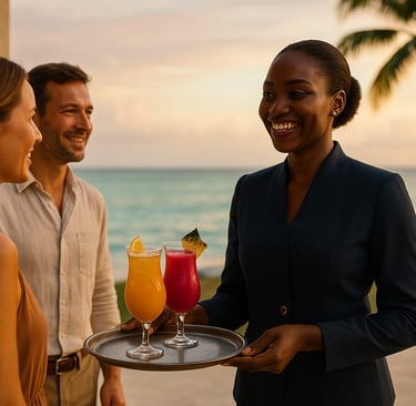 Ambassadrice hôtelière indienne accueillant un couple avec un cocktail tropical face à la mer des Caraïbes dans un rituel sig