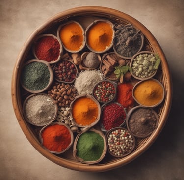 A vibrant market display features various dried peppers, garlic, and other spices hanging from the ceiling. The assortment includes red, yellow, and green peppers, with clusters of garlic adding to the variety. Below the hanging spices, fresh fruits and packaged spices are neatly arranged on the counter.