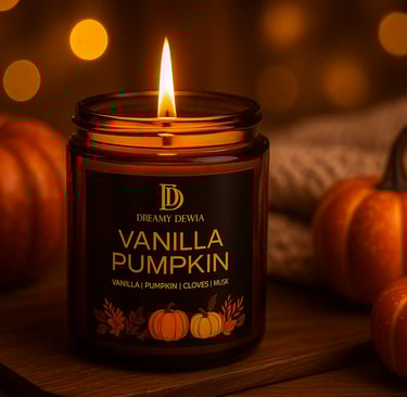 A candle burning infant of pumpkins in a warm glowing light