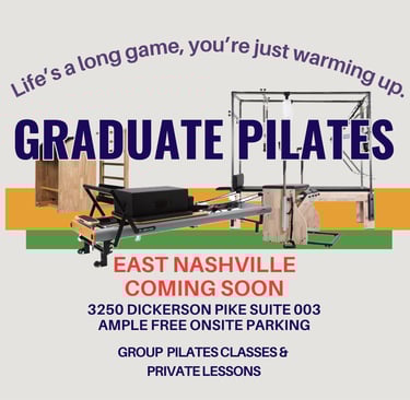 Promotional flyer for Graduate Pilates in East Nashville featuring a reformer machine and class details.